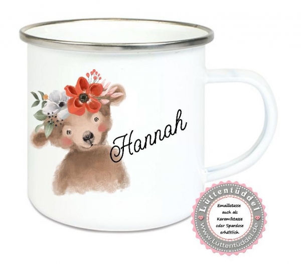 ♥ Becher Tasse Emaillebecher zauberhafte Tasse Emailletasse,Einschulung Schulkind Bär Boho KITA Wunschname, Dankeschön, Geburtstag, Jubiläum, Geschenk, Kommunion, Firmung Konfirmation, Becher von Lüttentüddel